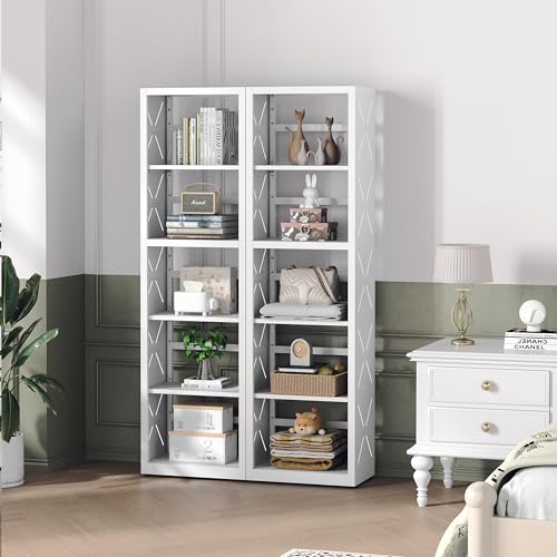 Polup Book Shelf, 5 Tier Metal Bookcase with Adjustable Shelves, Tall Narrow Bookshelf with Bookends, White Display Shelves for Living Room, Home Office, Library - color: White, size: 5 Tier-16" W