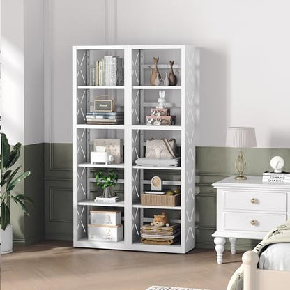 Polup Book Shelf, 5 Tier Metal Bookcase with Adjustable Shelves, Tall Narrow Bookshelf with Bookends, White Display Shelves for Living Room, Home Office, Library - color: White, size: 5 Tier-16" W