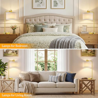 24‘’ Gold Table Lamp Set of 2 with USB A and C Ports, 180° Adjustable Stepless Dimming Bedside Lamps for Night Stands, E26 Bare Bulb Compatible, Industrial Nightstand Lamp, 9W LED Bulb Included - color: Gold-A