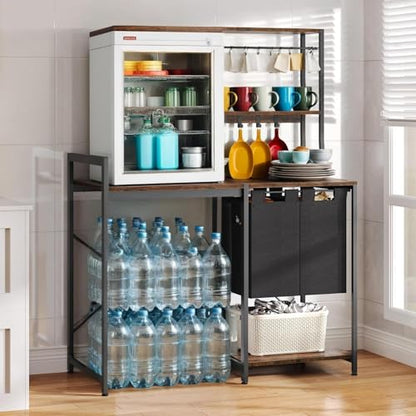 YITAHOME Kitchen Bakers Rack with Storage Shelves, Coffee Bar Table | 4 Tiers ＆ 5 Hooks, 45.3" Large Freestanding Kitchen Shelves, Mini Fridge Cabinet with Storage for Dining Room, Retro Brown - size: 55"×47.2"
