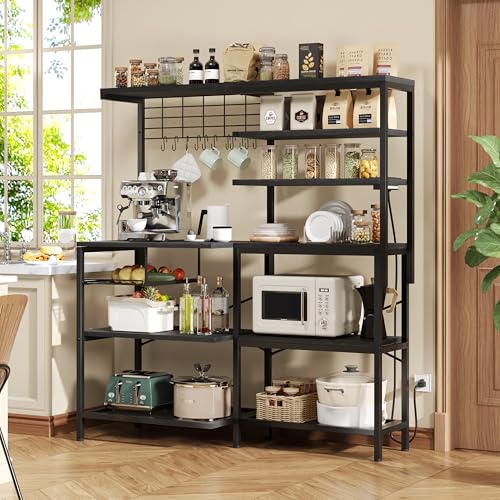 L-Shaped Bakers Rack with Power Outlet | 6-Tier Microwave Stand with Open Storage, Kitchen Shelf with Hooks, Coffee Bar with Wire Basket, Black - color: Black