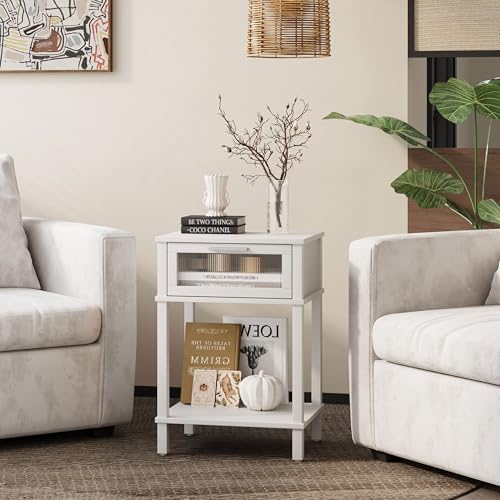 Nightstand Wooden Bedside Table with Drawer White Night Stands Modern Style Small End Table Side Table with Storage Shelf for Bedroom Living Room MLBZ10W - color: White