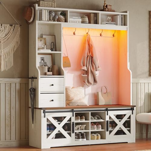 AMERLIFE 75" 7-in-1 Farmhouse Hall Tree with Bench and shoe storage, LED Entryway Bench with Coat Rack, 12 Shoe Cubbies, 2 Drawers, Barn Doors & Adjustable Shelf, Mudroom Hallway Cabinet, Rustic White - color: Rustic White