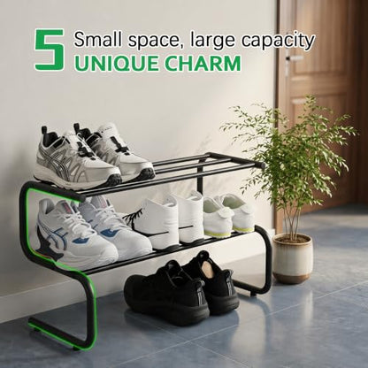 Black Metal Shoe Rack, 2 Tier 5-Shaped Shoe Storage Organizer, 24” Wide Compact Shoe Shelf for Entryway, Closet Floor, Hallway, Small Spaces, Free Standing Front Door Entrance Shoe Shelves