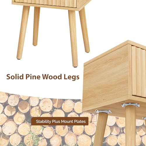 VINGLI Night Stand Set 2, Fluted Nightstands with Drawer, Mid Century Modern Nightstands Set of 2, Bedside Table, End Table, Wood Nightstand for Bedroom, Natural Oak, 15.75" W*11.81" D*21.85" H - color: Oak, size: 15.7"W-1 Drawer