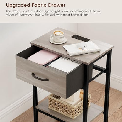 Vagusicc Nightstand with Charging Station, End Table with Fabric Drawer, Small Side Table with 2-Tier Storage Shelves, 25.4" Tall Night Stand, Bedside Table for Bedroom, Living Room, Dorm, Greige - color: Greige (1 Pack)