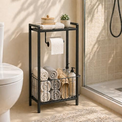 Bathroom Toilet Paper Holder Stand with Storage Basket and Top Shelf, Free-Standing Toilet Tissue Organizer for Small Bathrooms, Metal Toilet Paper Rack with Magazine Holder – Matte Black - color: Black