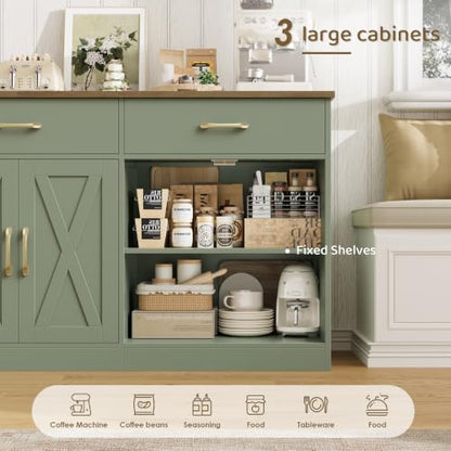 HOSTACK 71" W Kitchen Sideboard Buffet Cabinet with Storage, Green/Brown | Farmhouse Coffee Bar Cabinet with Wide Drawers, Large Buffet Table with Shelves, Long Kitchen Storage Cabinet for Dining Room - color: Green/Brown