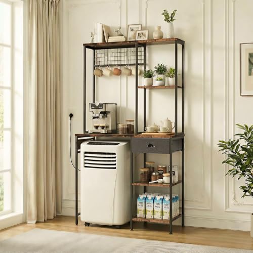 DreamDashio Over Mini Fridge Shelf with Power Outlet, 3-Tier Bakers Rack & Appliance Organizer for Microwave and Coffee Maker, Featuring Adjustable Shelves, Storage Drawer, 8 S-Hooks