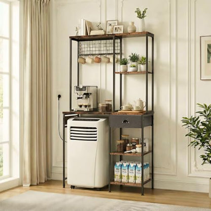 DreamDashio Over Mini Fridge Shelf with Power Outlet, 3-Tier Bakers Rack & Appliance Organizer for Microwave and Coffee Maker, Featuring Adjustable Shelves, Storage Drawer, 8 S-Hooks