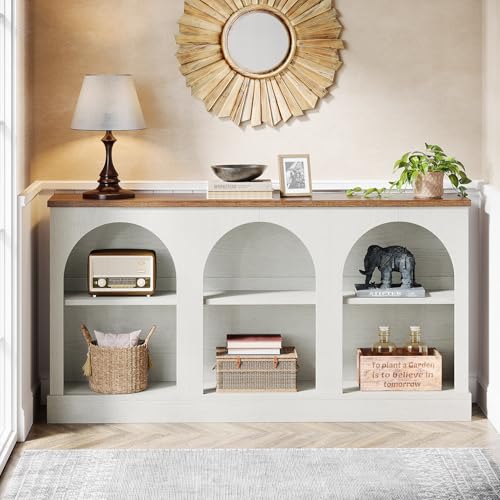 Tribesigns Farmhouse Console Table, 63-Inch Long Entryway Table with 3 Tier Storage, Wooden Rectangular Sofa Table Behind The Couch for Entrance, Hallway, Living Room, Off-White and Brown - color: Off-white and Brown