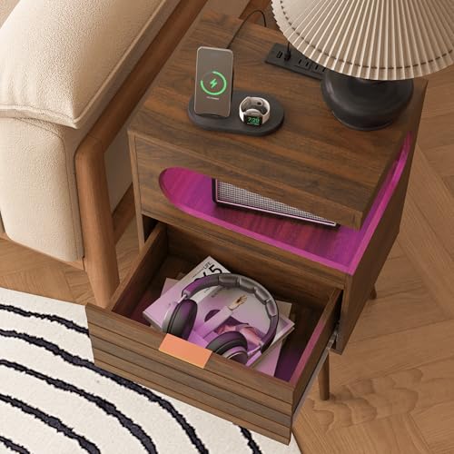 Veegle Nightstand,Modern Bedside Table with Storage Drawer and Open Wood Shelf, Accent Night Stand with Solid Wood Legs for Living Room, Bedroom and Small Spaces,Easy Assembly (Walnut Brown-1) - color: Walnut Brown-1
