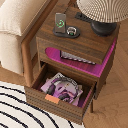 Veegle Nightstand,Modern Bedside Table with Storage Drawer and Open Wood Shelf, Accent Night Stand with Solid Wood Legs for Living Room, Bedroom and Small Spaces,Easy Assembly (Walnut Brown-1) - color: Walnut Brown-1