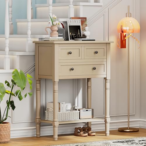 GDFStudio Narrow Console Table - Slim Sofa Tables with 3 Storage Drawers & Bottom Shelf,Solid Wood Frame,Distressed Finish - Accent Table for Living Room,Hallway,Small Spaces,Entryway,23.7" Beige - color: Beige