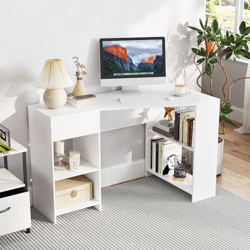 Giantex White Desk with Drawer, 48 Inch Corner Desk with Storage Shelves, Laptop PC Table for Workstation, Vanity Table for Bedroom, Modern Wood Executive Study Writing Table for Small Space