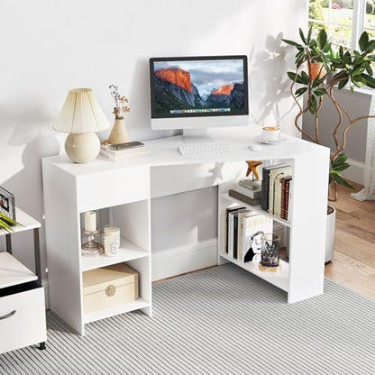 Giantex White Desk with Drawer, 48 Inch Corner Desk with Storage Shelves, Laptop PC Table for Workstation, Vanity Table for Bedroom, Modern Wood Executive Study Writing Table for Small Space