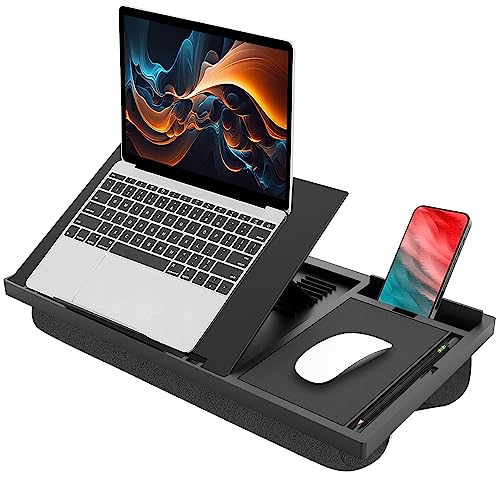 Laptop Lap Desk with Cushion - 9 Adjustable Angles, Fits Up to 15.6 inch Laptops, Built-in Mouse Pad, Phone and Pen Slots. Portable Writing Board for Bed, Sofa, and Work Table