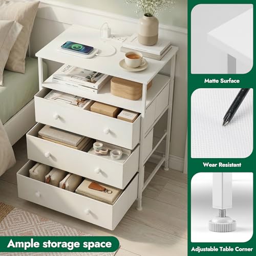 3-Drawer LED Nightstand Set 2 with Charging Station, White | Engineered Wood and Steel, 2 AC and 2 USB ports, 24 Inch Wide, RGB App Control, Fabric Drawers, Open Storage Shelf - color: White, 2 Pack