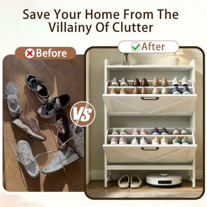 Shoe Cabinet with 2 Flip,Shoe Cabinet Storage,Shoe Organizer Cabinet,White | Hidden Wood Shoe Cabinet,reestanding Shoe Rack Cabinet for Entryway Hallway - color: White