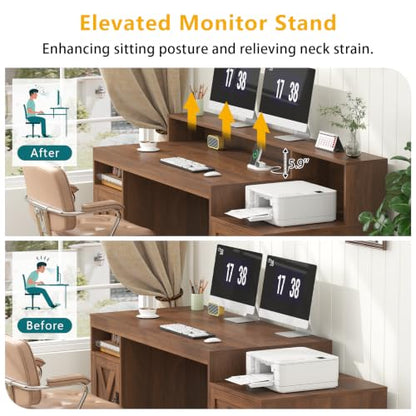 65" Farmhouse Computer Desk with Drawers and Printer Stand for Home Office | Office Desk with Power Outlets and Storage Cabinet, Study Writing Desks with Long Monitor Stand, Brown - color: Brown