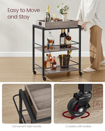 VASAGLE Kitchen Serving Cart with Removable Tray, 3-Tier Kitchen Utility Cart on Wheels with Storage, with Brakes, Leveling Feet, 15.7 x 28.3 x 33.9 Inches, Greige and Black ULRC072B02 - color: Greige + Black, size: 15.7"D x 28.3"W x 33.9"H