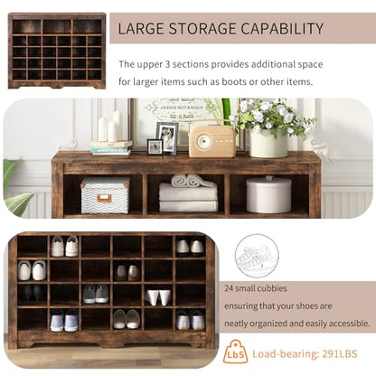 Harper & Bright Designs Sleek Design 24 Shoe Cubby Console, Modern Shoe Cabinet with Curved Base, Versatile Sideboard for Hallway, Bedroom, Living Room, Rustic Brown - color: Rustic Brown, size: 35''