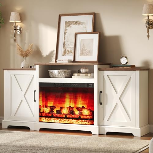 AMERLIFE 70" Farmhouse Fireplace TV Stand with Storage for TVs up to 80" | Entertainment Center with 29" Electric Fireplace, Media Console with 2 Cabinets & Adjustable Shelf, White - color: White, size: 70"
