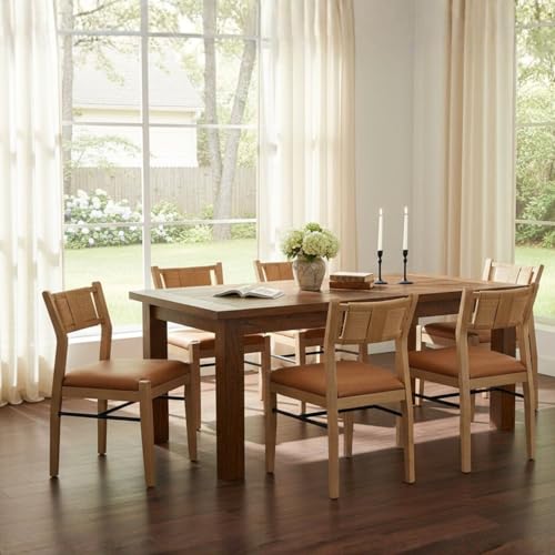 BESTANO Modern Armless Dining Chairs with Rope Woven Back Set of 6, Brown PU Leather Upholstered Kitchen & Dining Room Chairs, Mid-Century Classic Farmhouse Wooden Side Chair - color: Brown, size: 6 Chairs