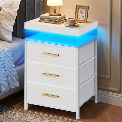 DreamDashio Nightstand with LED Lights, 3 Fabric Storage Drawers, Bedside Table with Floating Wood Top & PU Leather Fronts, Compact Modern End Table for Bedroom, Living Room or Dorm, White - color: White