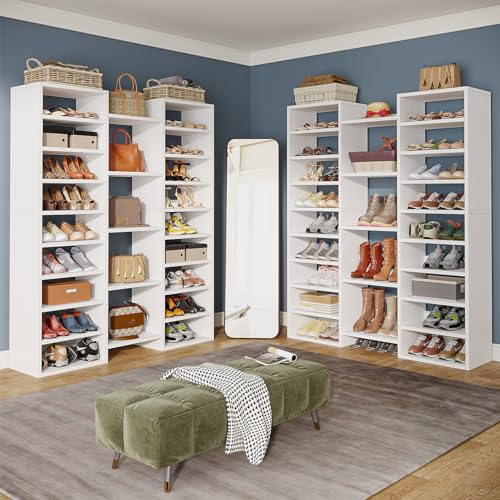 Little Tree 14-Tier Shoe Rack, Freestanding Tall Shoe Shelf, White Wooden Shoe Storage Cabinet with 22 Open Cubbies, 46 Pairs Wide Entryway Shoe Organizer Shoe Cabinet for Living Room, Bedroom