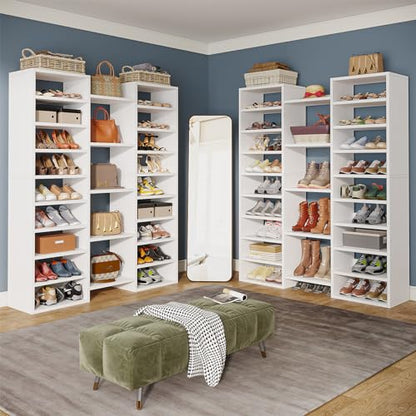 Little Tree 14-Tier Shoe Rack, Freestanding Tall Shoe Shelf, White Wooden Shoe Storage Cabinet with 22 Open Cubbies, 46 Pairs Wide Entryway Shoe Organizer Shoe Cabinet for Living Room, Bedroom