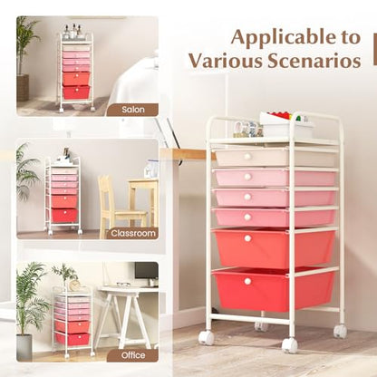 DREAMADE Rolling Cart with Storage Drawers, Utility Cart with Removable Plastic Drawers, Lockable Wheels, Art Cart for Classroom Organization Art Supplies Office Scrapbook (6 Drawers, Mixed-pink) - color: Mixed-pink, style: 6 Drawers