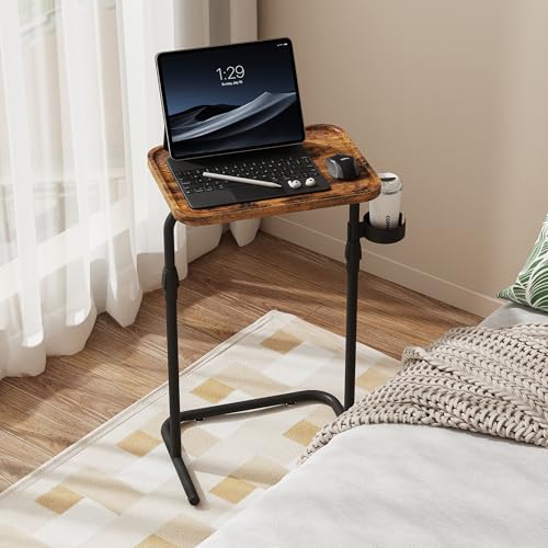 TUTOTAK C Shaped End Table with Tiltable Surface, Adjustable Height Side Table, Slide Under Couch Table TV Tray for Eating, Sofa Tray for Livingroom, Bedroom Brown TB01BB091 - color: Brown