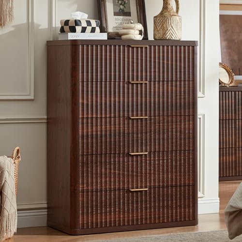 LEYAOYAO Fluted 5 Drawers Dresser for Bedroom, 41" Tall Modern Chest of Drawers with Metal Handle, Curved Profile Farmhouse Closet Organizer Wood Dressers TV Stand for Living Room, Hallway, Walnut - color: Walnut, size: 15.4"D x 31.5"W x 41"H (5 Drawers)