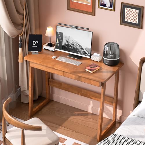 100% Solid Wood Writing Desk - Mid Century Modern Desk, Home Office Desks with Drawers, Walnut Vintage Desks, Laptop Computer Work Study Table for Bedroom, Living Room & Office