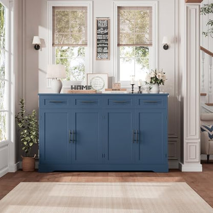 HOSTACK 60" W Sideboard Buffet Cabinet with Storage, Kitchen Cabinet, Blue | 36" Tall Kitchen Buffet Storage Cabinet with 4 Drawers, Large Coffee Bar Cabinet, Modern Buffet Table for Dining Living Room - color: Blue
