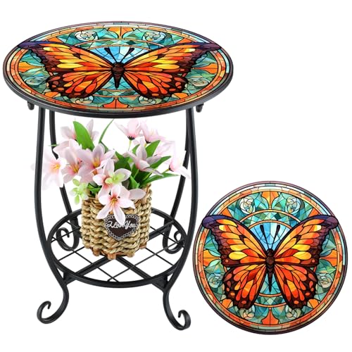 Cinnvoice Outdoor Side Table Round Small Mosaic Patio Accent Indoor End Plant Coffee Tea Table for Yard Patio Porch Garden Living Room, Bedroom(Butterfly B Style,18 Inch) - size: 18 Inch, style: Butterfly B Style