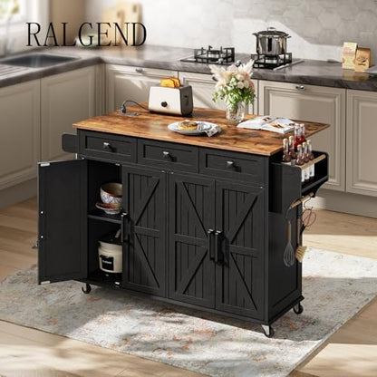 RALGEND Kitchen Island with Drop Leaf & Power Outlet, Rolling Kitchen Island Cart On Wheels, Barn Door Kitchen Island Table with Storage, Island Table for Kitchen, Black and Rustic Brown - color: Black + Rustic Brown