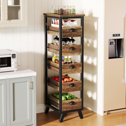 Tribesigns Wood Fruit and Vegetable Storage Rack, 5-Tier Narrow Snack Stand Kitchen Stand Fruit Basket, Pull-Out Utility Organizer for Kitchen, Living Room, Rustic Brown - color: Rustic Brown