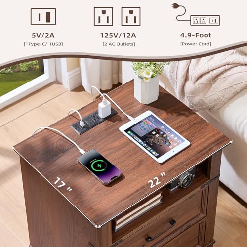 22" Farmhouse Nightstand Set of 2 with Charging Station,End Table with 2 Drawers,Rustic Wood Dresser for Bedroom,Bed Side Table Chest of Drawers Cabinet,Night Stand for Living Room,Brown - color: Brown