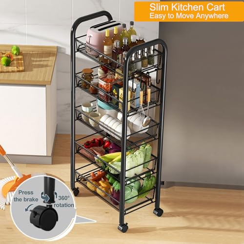 Rolling Pantry Storage Cart with Fruit Basket, 5-Tier Kitchen Storage Rolling Cart on Wheels, Large Utility Cart with Handle & Mesh Baskets for Kitchen, Bathroom, Laundry Room,Black - color: Black 5 Tire