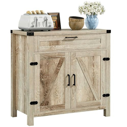 HOMCOM Sideboard, Storage Drawer, Coffee Bar Cabinet, Oak | Kitchen Cabinet, 2 Barn Doors, Modern Farmhouse - color: Oak