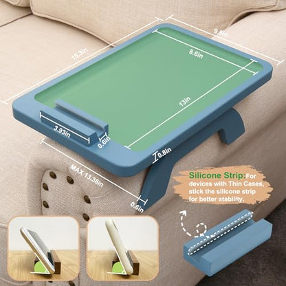 SINWANT Couch Arm Tray, Bamboo Sofa Clip on Tray Tables with 360° Phone Holder,Folding Anti Slip Couch Armrest Table for Snacks,Drinks,Remotes 15.35"x9.85" - color: Blue