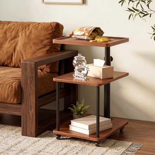 Rolling Side Table with Tray for Living Room, Adjustable Height Swivel End Table for Different Seating Types, Ideal for Couch, Sofa, Recliner and Living Room - color: Natural Wood - Tray Style