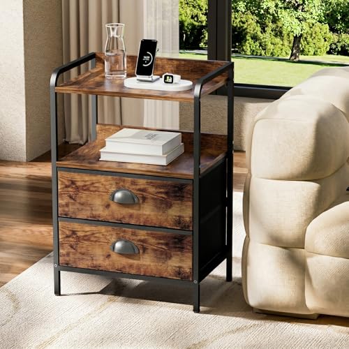 Night Stand Set 2, Nightstand with 2 Fabric Drawer, End Table with Open Shelf, Bedside Table Side Table with Wooden Top for Bedroom, Rustic Brown - color: Brown(2 Drawer), size: set of 2