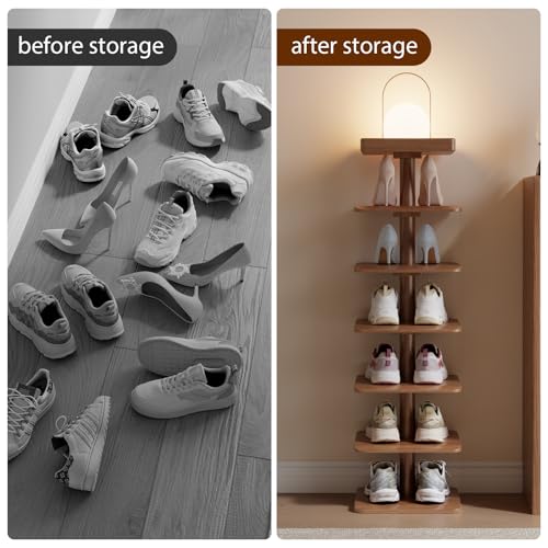 6-Tier Vertical Shoe Rack, Narrow Shoe Tower for Small Space - color: Walnut, size: 11.4"D×10.8”W×43.3"H