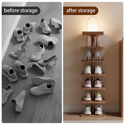 6-Tier Vertical Shoe Rack, Narrow Shoe Tower for Small Space - color: Walnut, size: 11.4"D×10.8”W×43.3"H