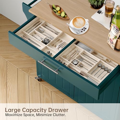 Wood Kitchen Island with Storage, Rolling Kitchen Island On Wheels, Mobile Island Trolley Cart Sideboard Cabinet with Towel Rack, Spice Rack, Adjustable Shelf, Wooden Top & Large Drawer, Dark Green - color: Dark Green