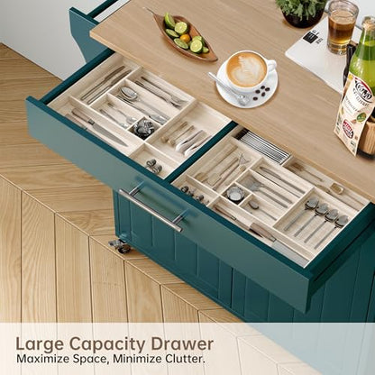 Wood Kitchen Island with Storage, Rolling Kitchen Island On Wheels, Mobile Island Trolley Cart Sideboard Cabinet with Towel Rack, Spice Rack, Adjustable Shelf, Wooden Top & Large Drawer, Dark Green - color: Dark Green
