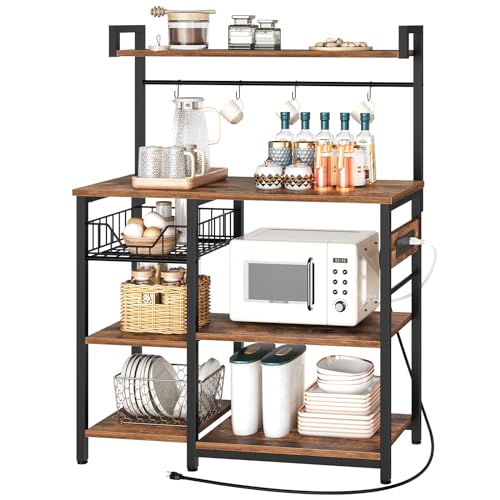 HOOBRO Bakers Rack with Power Outlet, 35.4 Inches Coffee Bar with Mesh Basket, Microwave Stand with 4 S-Shaped Hooks, Kitchen Bakers Rack with Storage, Easy to Assemble, Rustic Brown BF05HB01 - color: Rustic Brown + Black